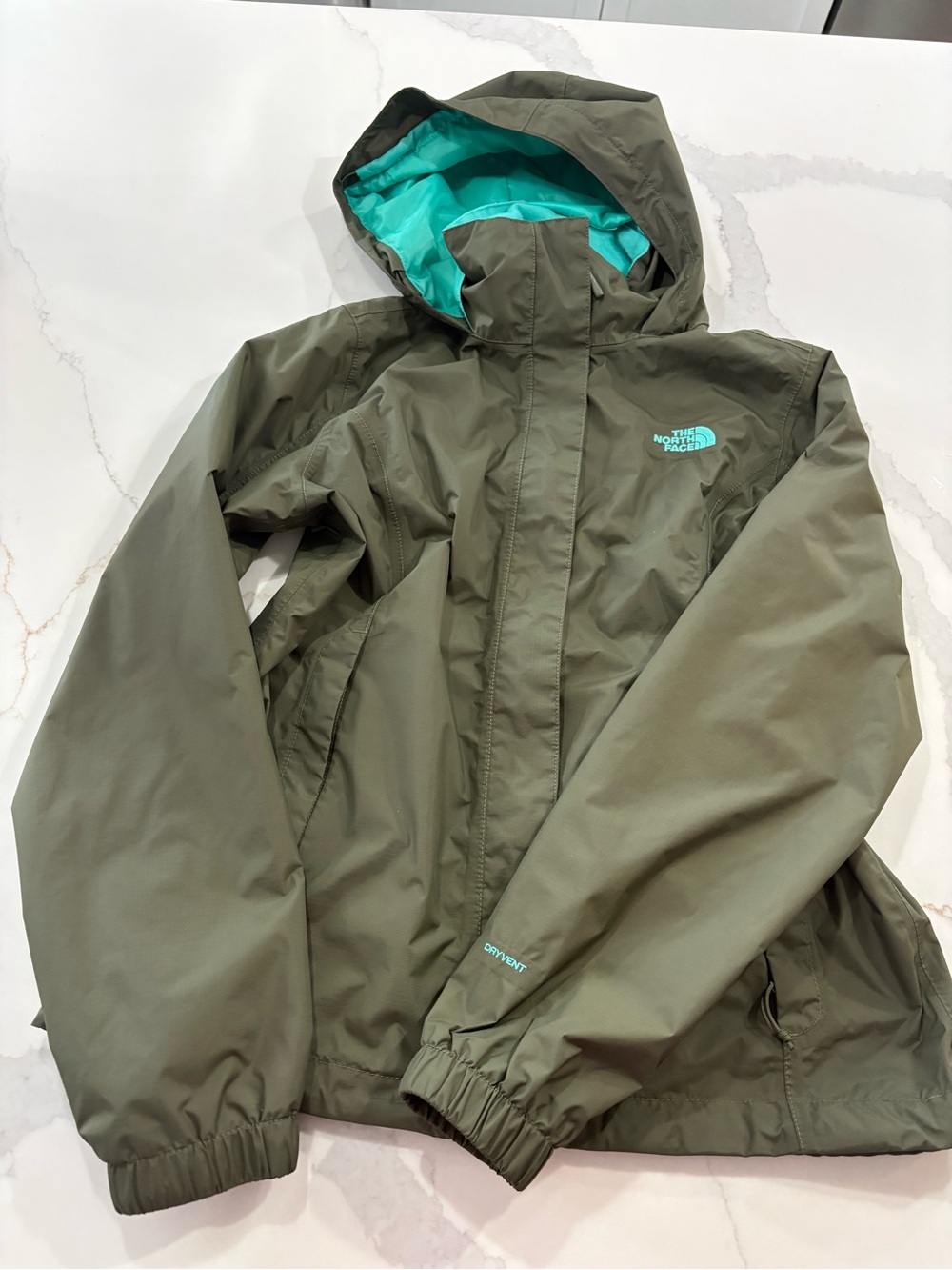 The North Face Olive Green Rain Jacket with Teal Lining